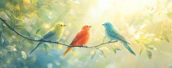 A vibrant illustration of three colorful birds perched on a branch, surrounded by soft, glowing light and lush foliage.