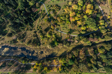 Aerial View of Botanical Garden with Trees, Pathways, and Water