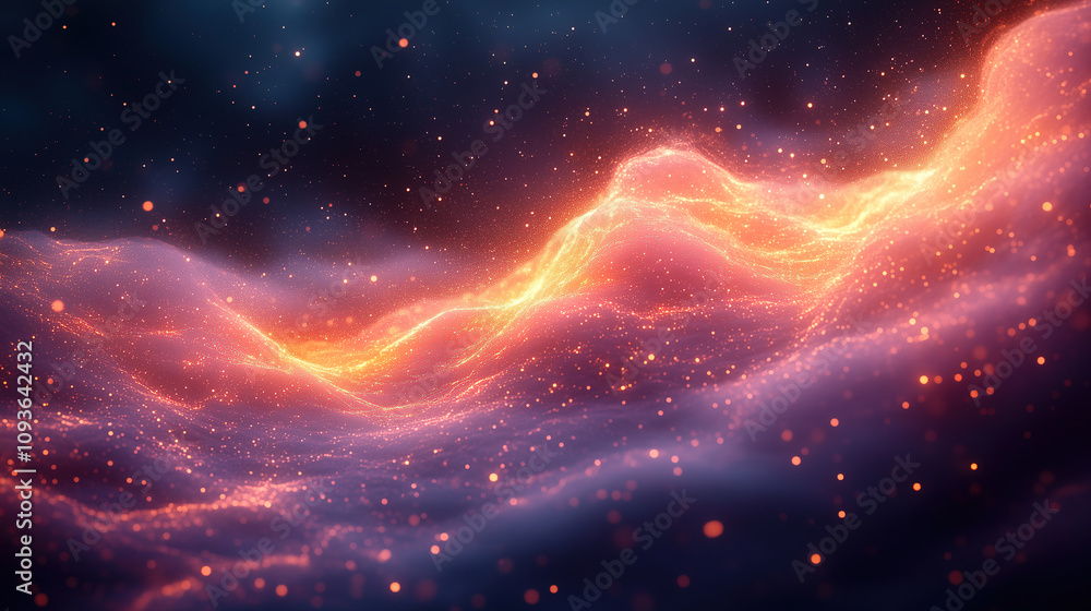 Poster vibrant cosmic landscape filled with swirling clouds and glowing particles in a deep space setting. 