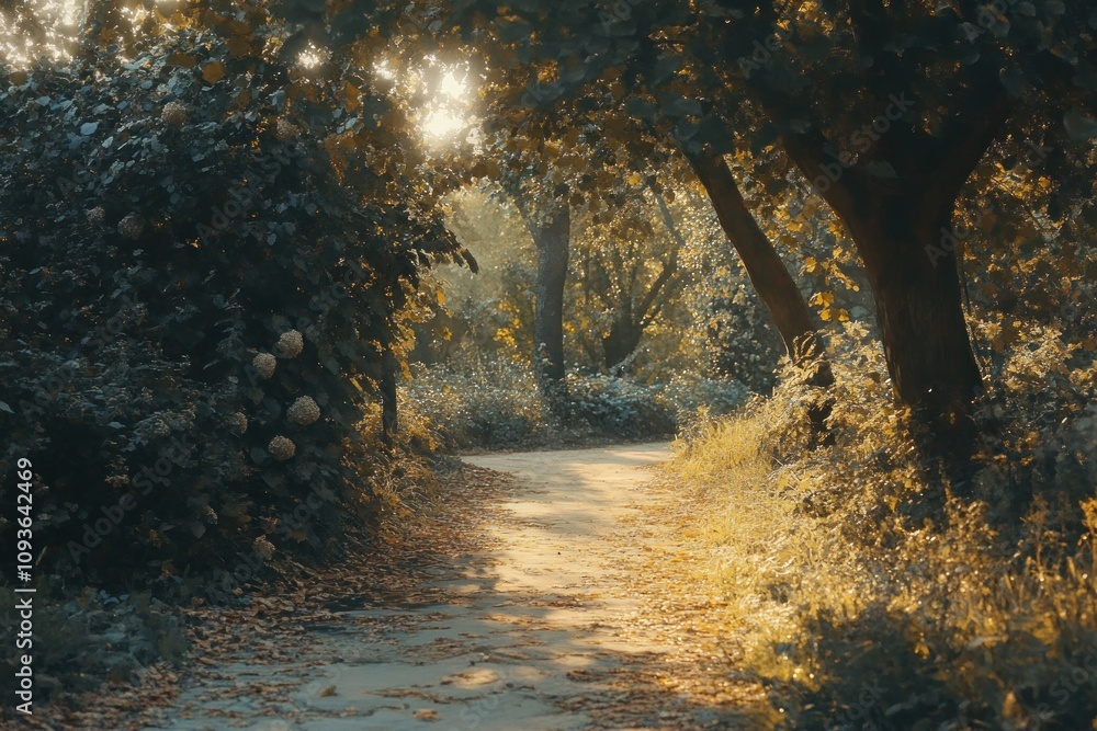 Poster A winding path through a forest, dappled with sunlight.