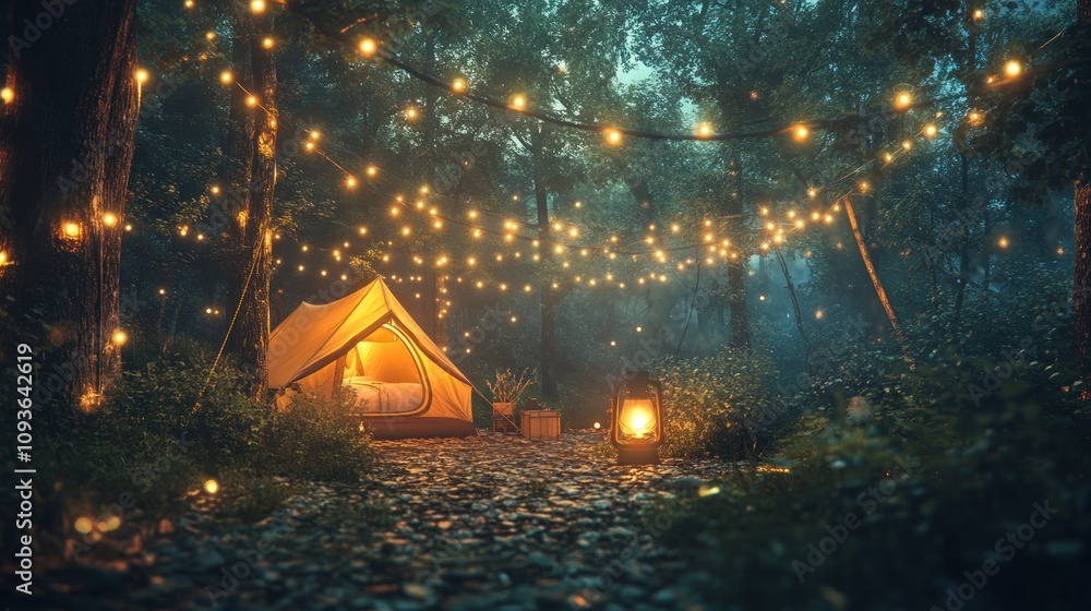 Poster A cozy tent illuminated by string lights sits in a misty forest setting, with a lantern casting a warm glow.