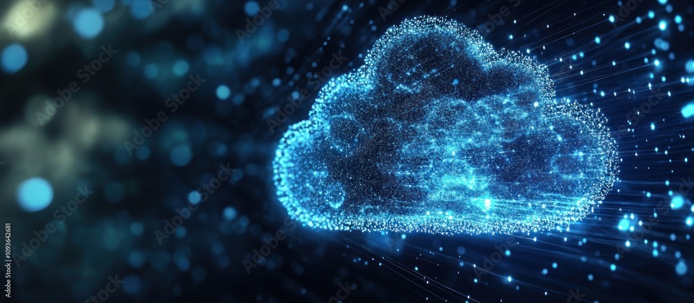 Poster abstract glowing blue cloud computing concept with digital particles.