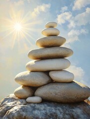 Zen stones stack balanced on rock against sunlight, sky. Peaceful, harmonious concept for wellness, mindfulness. Ideal for meditation relaxation, spa ads. Suggests inner balance, stress relief
