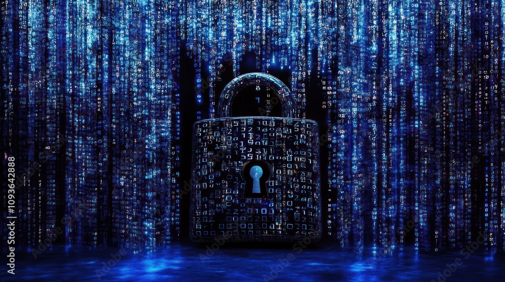 Poster A silver padlock in the foreground is standing in front of a blue binary code background.