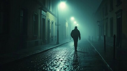 Mysterious Silhouette of a Lone Figure Walking Down a Foggy, Rain-Soaked Cobblestone Street at Night
