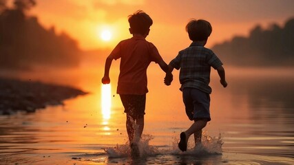 Two Young Friends Holding Hands and Running Through Shallow Water at Sunset