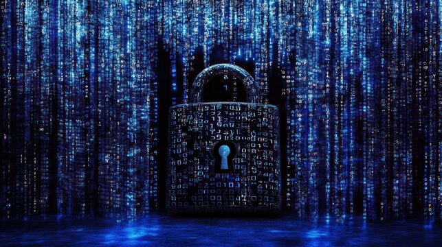 A silver padlock in the foreground is standing in front of a blue binary code background.
