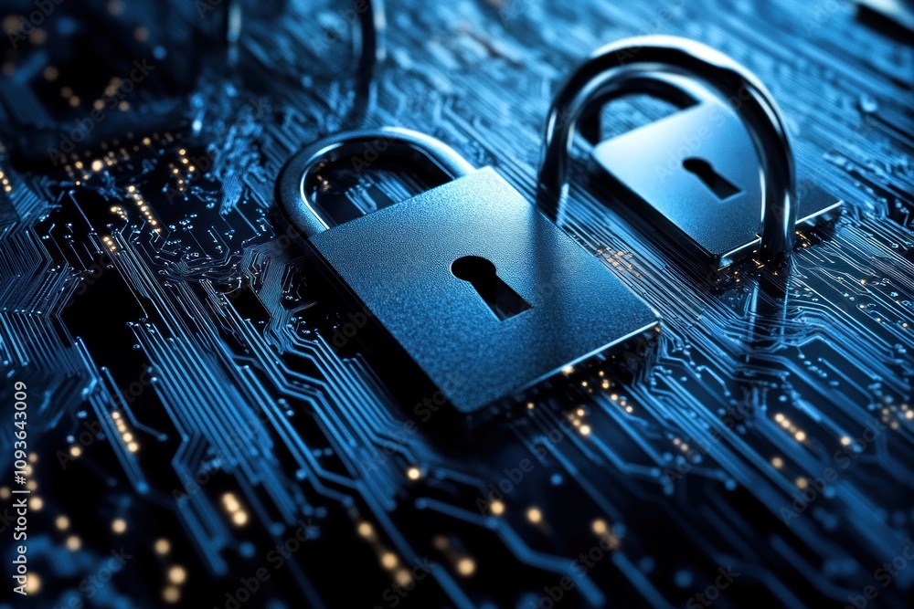 Poster two silver padlocks on a blue circuit board, symbolizing cybersecurity and data protection.