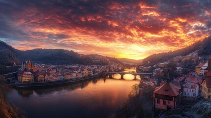 A scenic view of a medieval city with a river flowing through it, framed by a stunning sunrise with a vibrant red sky.