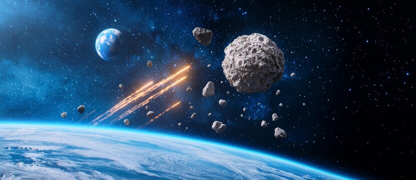 A space tourism illustration featuring a rocket or spaceship near stars, planets, and asteroids on a white background with a top view and copy space.