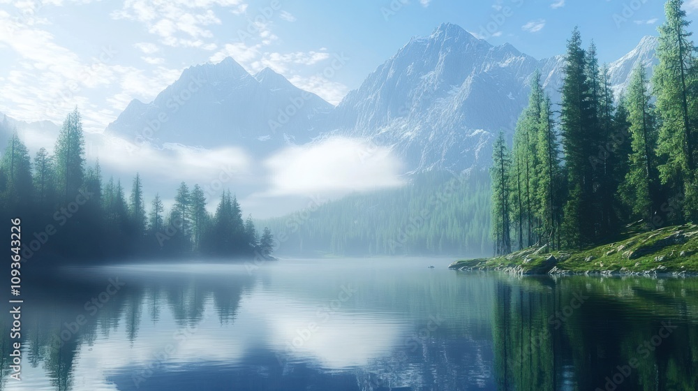 Aufkleber a serene mountain lake with mist rising from the water and snow-capped peaks in the background.