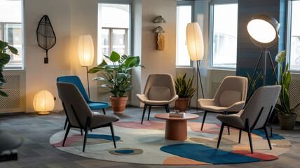 A cozy and modern lounge area featuring gray chairs, ambient lighting, and decorative plants, perfect for relaxation or informal meetings.