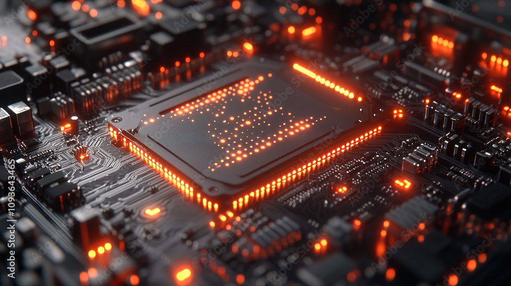Aufkleber close-up view of a circuit board with glowing orange lights showcasing advanced technology. generati