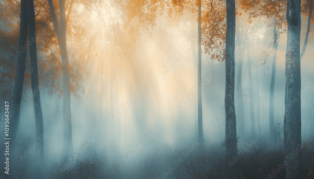 Poster Sunlight streams through the misty trees in a mysterious autumn forest.