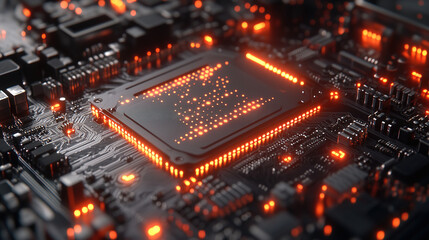 Obraz premium Close-up view of a circuit board with glowing orange lights showcasing advanced technology. Generative AI