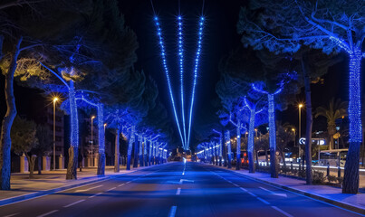 illuminated pedestrian street with modern streetlight and led lanterns at night