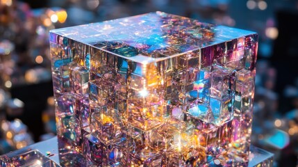 A close-up of a clear glass cube sculpture with iridescent colors and light reflecting off its surface.