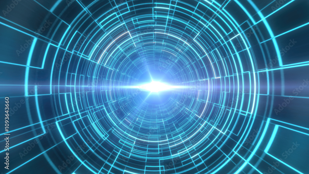 Poster blue digital tunnel with concentric lines and central light source, creating a sense of depth, movem