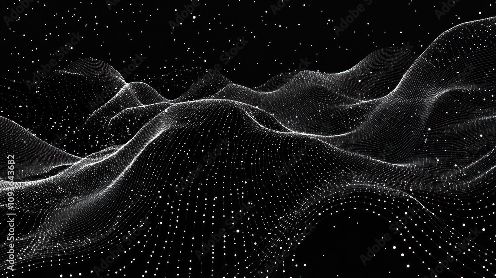 Aufkleber Abstract background of white particles forming waves on a black background.