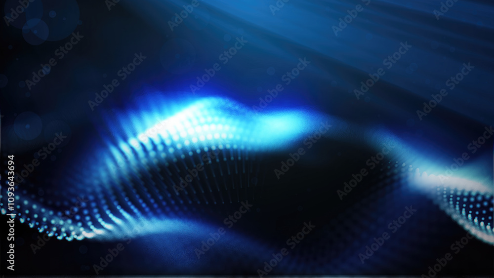 Poster a mesmerizing display of blue glowing particle waves, representing abstract energy flows against a d