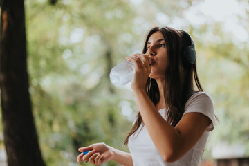 A young woman hydrates with a water bottle while listening to music outdoors. She enjoys her exercise session in a serene natural environment, wearing headphones and a casual white t-shirt.