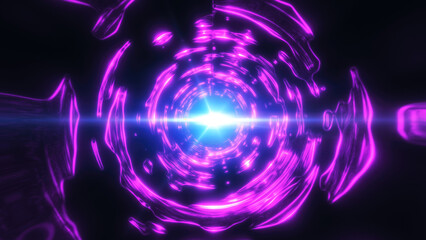 A glowing purple tunnel with a radiant light at its center, creating a futuristic and sci-fi aesthetic with bright energy waves and abstract background