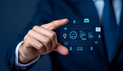 **AI Laws and Regulations Concept. Businessman interacting with digital icons symbolizing stock, legal standards, ethics, regulatory compliance, technology law and policy, copyright, and patent.**