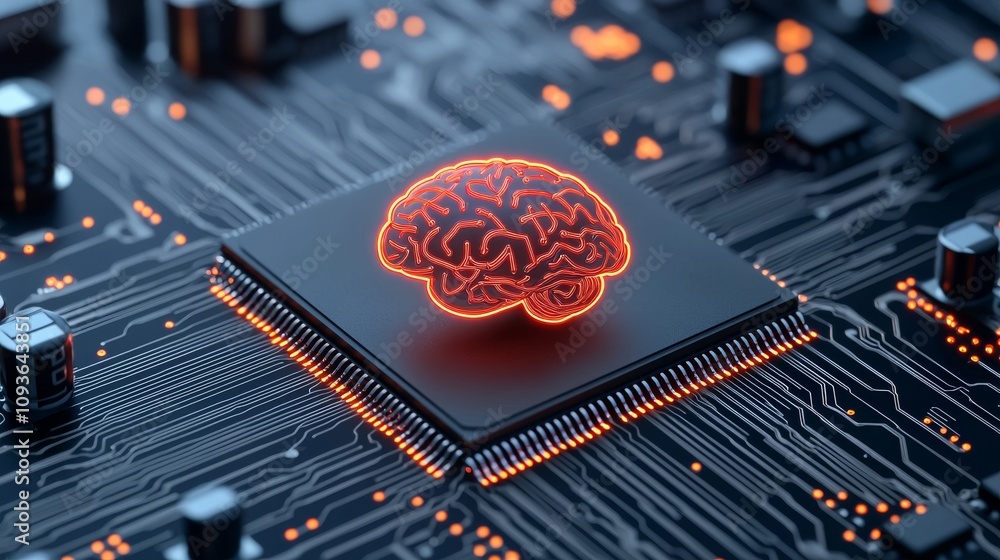 Aufkleber a luminous ai-driven chip embedded in a human brain, representing the fusion of human and stock.