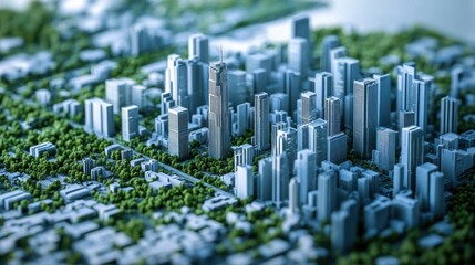 Obraz premium A miniature model of a modern city with tall skyscrapers and green parks.