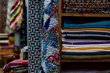 Handmade rugs display in a shop in Tangier, Morocco