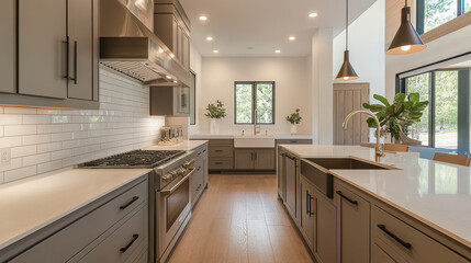 3D rendering of a modern minimalist kitchen showcasing clean lines and sleek cabinetry. The design features a neutral color palette, with shades of white, gray, and subtle wood accents,