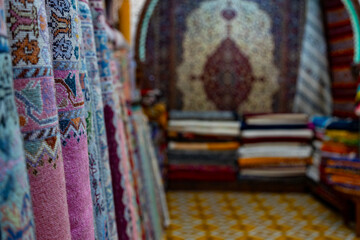 Handmade rugs display in a shop in Tangier, Morocco