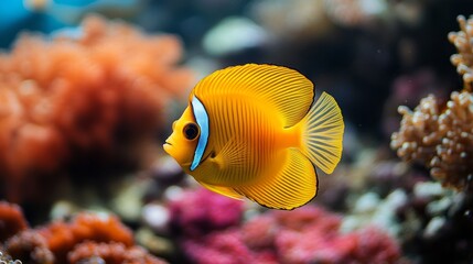 Obraz premium A single bright orange and blue fish with a black eye swims among colorful coral reefs.