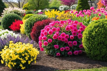 Fototapeta premium Vibrant Spring Flowers and Cheerful Shrubs in a Colorful Garden Landscape
