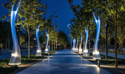 illuminated pedestrian street with modern streetlight and led lanterns at night