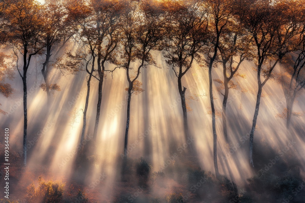 Poster sunbeams breaking through the misty forest canopy, illuminating the trees in a golden glow.