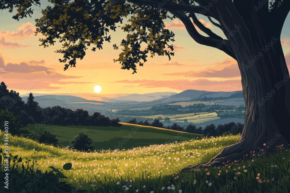 Poster a beautiful sunset over rolling hills with a large tree in the foreground.