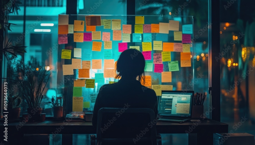 Poster A person working at a desk with a laptop and a window covered in colorful sticky notes.
