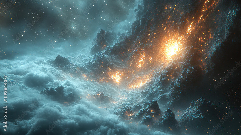 Poster visual representation of a celestial landscape with glowing eruptions and swirling clouds in deep sp