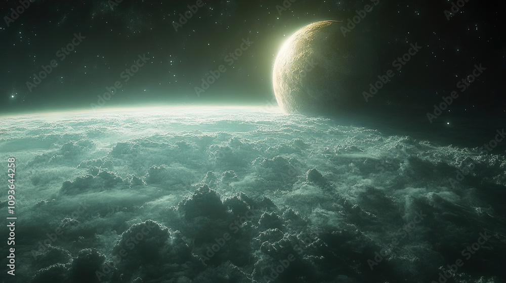 Poster vast clouds enveloping a distant planet under a starry sky in a cosmic landscape. generative ai