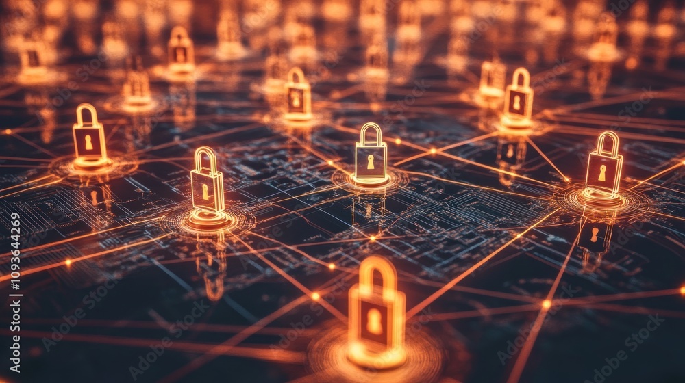 Poster A network of glowing padlocks on a circuit board represents cybersecurity and data protection.
