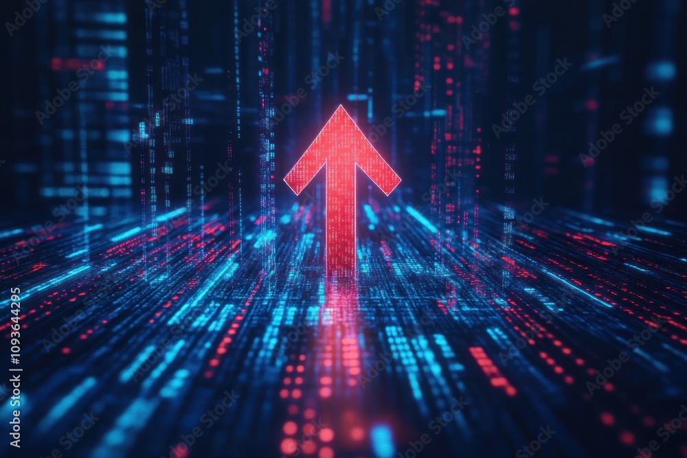 Aufkleber A red arrow pointing upwards in a field of binary code, symbolizing growth and advancement in the digital age.