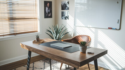 A modern workspace featuring a wooden desk, laptop, and decorative plants, creating a calm and productive atmosphere with natural light filtering through blinds.