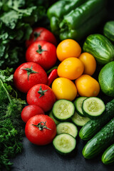 Fresh Organic Vegetables Assortment with Tomatoes, Cucumbers, and Greens