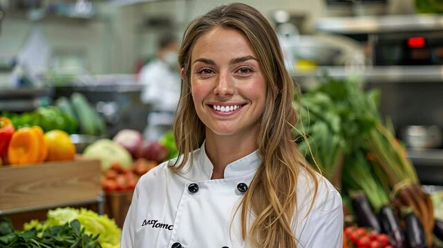 A chef stands confidently in a vibrant market kitchen, grinning as she is surrounded by colorful vegetables and fruits, ready to create nutritious dishes for customers.