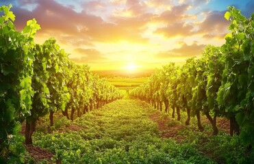 Naklejka premium Vineyard landscape at sunset with grape plants and rows of vines