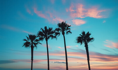 Obraz premium palm trees at blue sky background at dusk, California vacation wallpaper