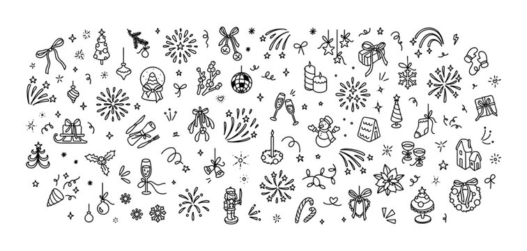 Cute line doodle Merry Christmas and. Happy New Year hand drawn rectangle background. Minimalist kids crayon scribble. Party celebration. Firework, confetti, light and movement magic effect