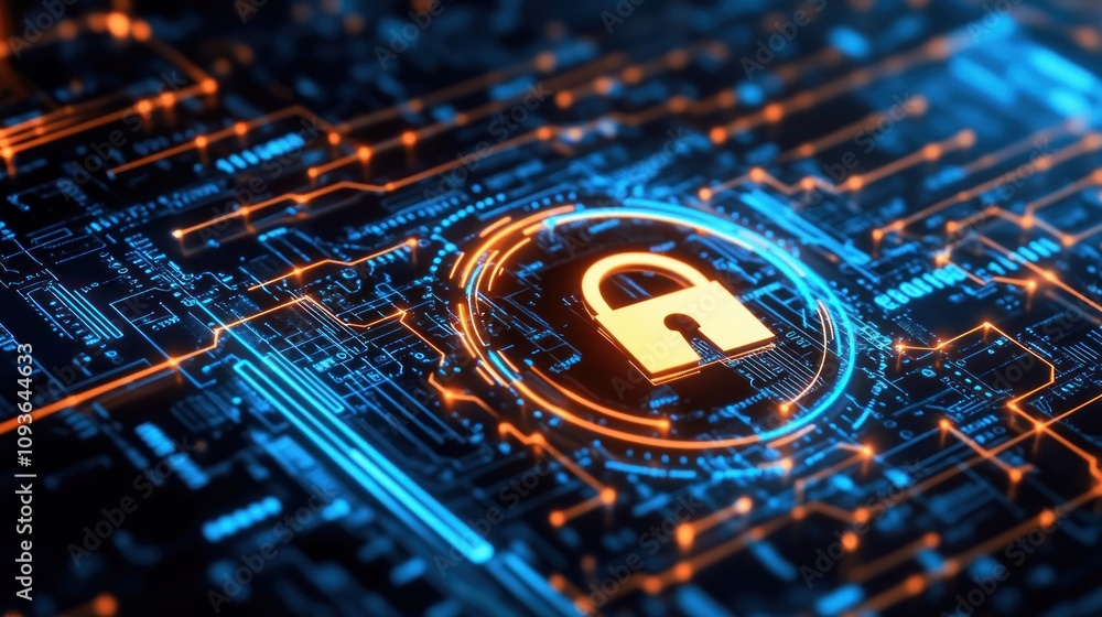 Poster A glowing padlock icon in a circular light, centered on a circuit board, representing digital security.