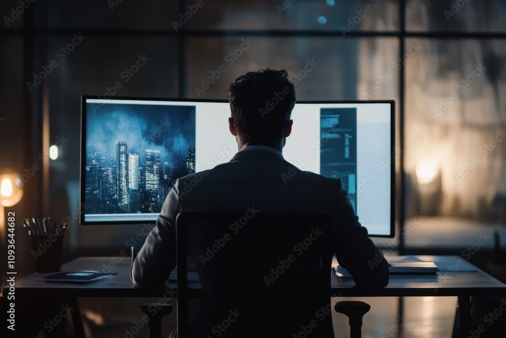 Poster a man in a suit sits at a desk in a dark room and looks at two large monitors. one shows a cityscape